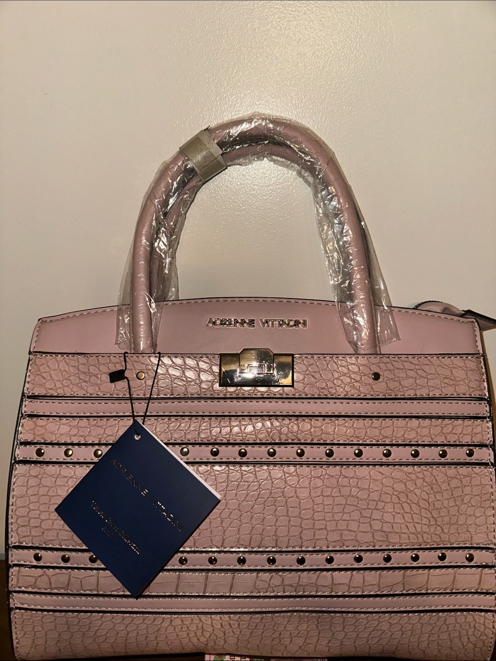 Adrienne Vittadini Blush Pink Croc-Embossed Satchel with Stud Detail